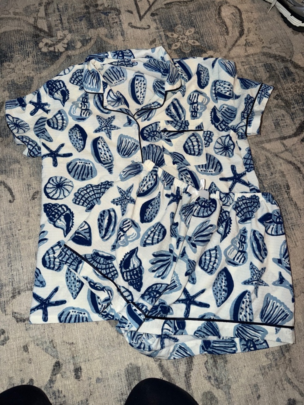 Amazon Women's White and Blue Seashell Pajama Set